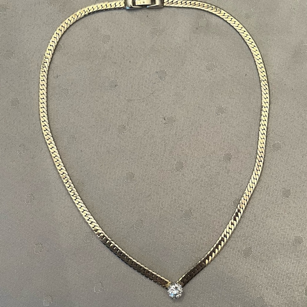 Gold Tone Herringbone Necklace with Solitaire Crystal Pendant